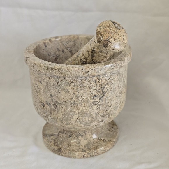 Fossils Pestle and Mortar Handmade Marble‎ 4 3/4" H 5" W - Picture 2 of 7